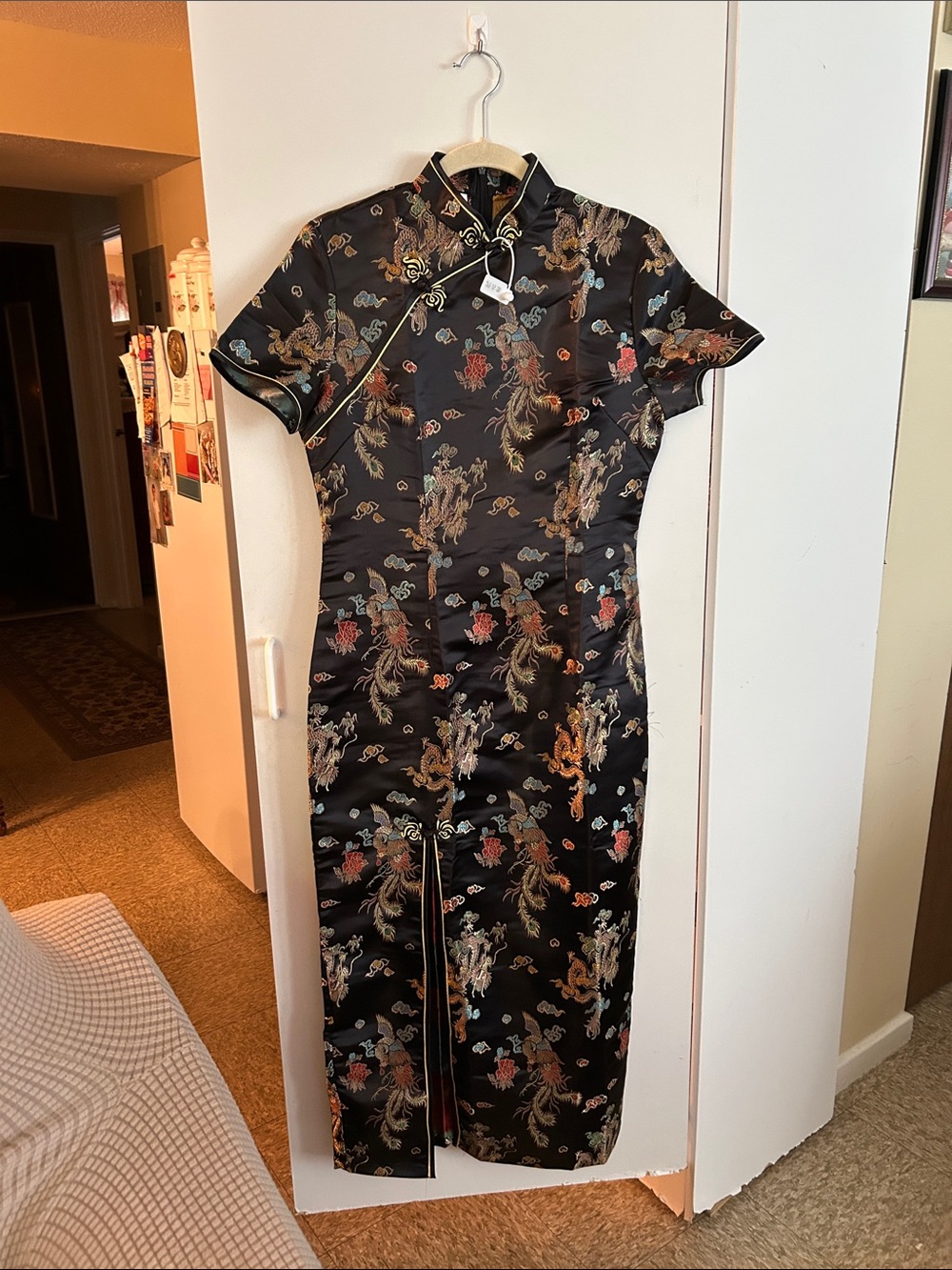 Black Satin Floral Dragon Cheongsam Dress